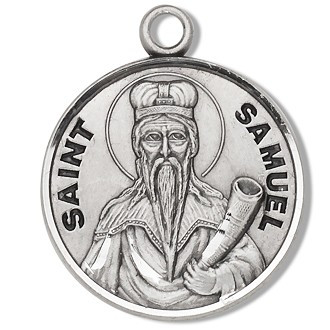 Saint Samuel Medal ~ Solid .925 sterling silver Saint Samuel round medal-pendant. Saint Samuel is the Patron Saint of miners.  A 20" Genuine rhodium plated curb chain and a deluxe velour gift box are included. Dimensions: 0.9" x 0.7"(22mm x 18mm). Made in the USA.  Engraving Option Available