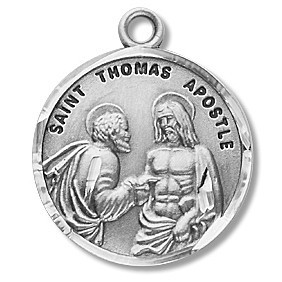 Saint Thomas the Apostle Medal  ~ Sterling silver round St. Thomas the Apostle on a 20" Genuine rhodium plated curb chain.  Saint Thomas the Apostle is the Patron Saint of architects, builders, geometricians, and carpenters.Medal comes in a deluxe velour gift box.  Dimensions: 0.9" x 0.7"(22mm x 18mm)Made in the USA. Engraving Option Available