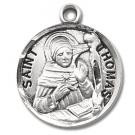 Solid .925 sterling silver Saint Thomas Aquinas round medal-pendant. Saint Thomas is the Patron Saint of schools, and students.  A 20" Genuine rhodium plated curb chain and a deluxe velour gift box are included. Dimensions: 0.9" x 0.7"(22mm x 18mm). Made in USA. Engraving Option Available