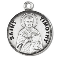 Saint Timothy Medal ~ Solid .925 sterling silver Saint Timothy round medal-pendant. Saint Timothy is the Patron Saint of stomach ailments. A 20" Genuine rhodium plated curb chain and a deluxe velvet gift box are included.  Dimensions: 0.9" x 0.7"(22mm x 18mm)\.  Made in USA. Engraving Option Available