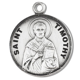 Saint Timothy Medal ~ Solid .925 sterling silver Saint Timothy round medal-pendant. Saint Timothy is the Patron Saint of stomach ailments. A 20" Genuine rhodium plated curb chain and a deluxe velvet gift box are included.  Dimensions: 0.9" x 0.7"(22mm x 18mm)\.  Made in USA. Engraving Option Available