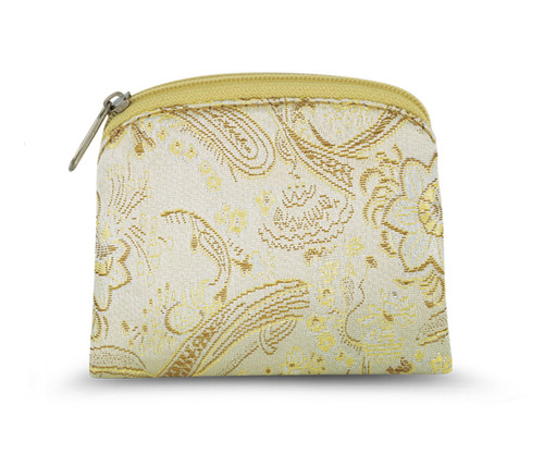 3.25" x 3.75" Gold Brocade Rosary Pouch with Anti-Tarnish Lining. Zipper Closure. Rosary not Included