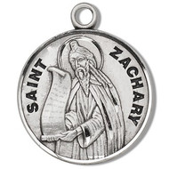 Solid .925 sterling silver Saint Zachary round medal-pendant. Saint Zachary is the Patron Saint of Peace. St. Zachary comes with a 20" Genuine rhodium plated curb chain and a deluxe velvet gift box. Made in USA. Engraving Option Available 