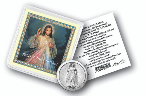 Divine Mercy Pocket Coin with Gold Stamped Holy Card. Packaged in a Clear Soft Pouch 3" x 3"