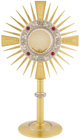 24K Gold plated w/antique silver node and ring on base. Four ruby glass stones on face. 15 3/4" height. 5 1/2" base. Clip-style (glassless) luna. Secure acrylic glass enclosed luna to hold 2-3/4" host is available at an additional cost