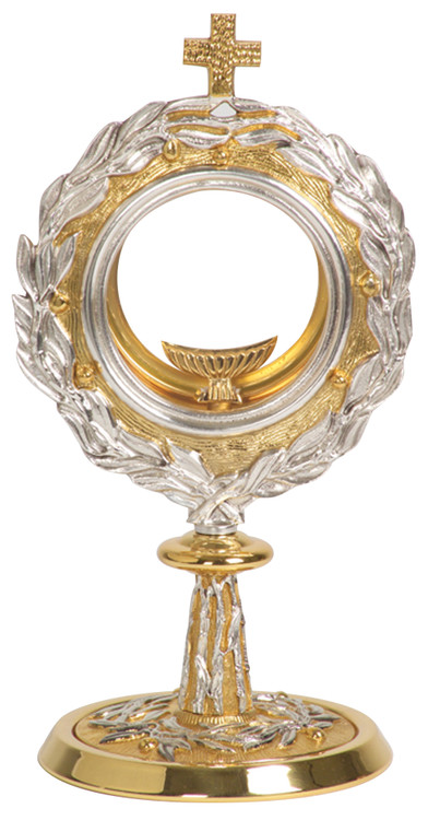 24K Gold and silver plated with leaf designed detailing. All-purpose luna. 11-1/2"H. with a 6" diameter face; This Monstrance can hold a 5-3/4" host. 5-1/4" base
 