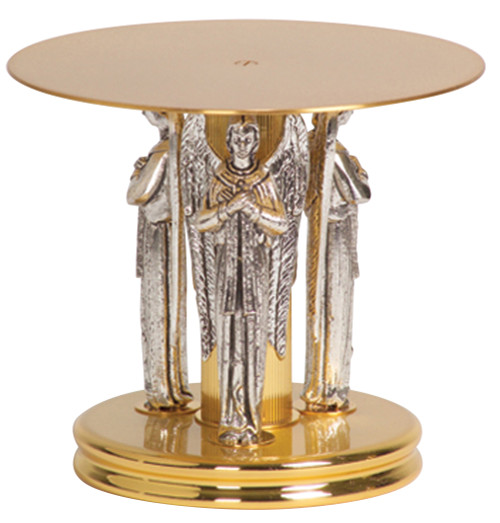 24k Gold plated with three oxidized silver plated angels. Two-tone bright and satin finish. Dimensions: 6-1/4"H., 5-1/4" base, 7" dia. top plate