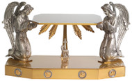 24K Gold plate with large antique silver plated angels. Overall Dimensions:  24" W x 13" D x 14" H. Weight: 39lbs