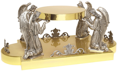 24K Gold plated with four adoring angels oxidized silver. Dimensions:  9"H., 17"W., 9-1/2" table, 23-1/2" base, Wt. 30 lbs.