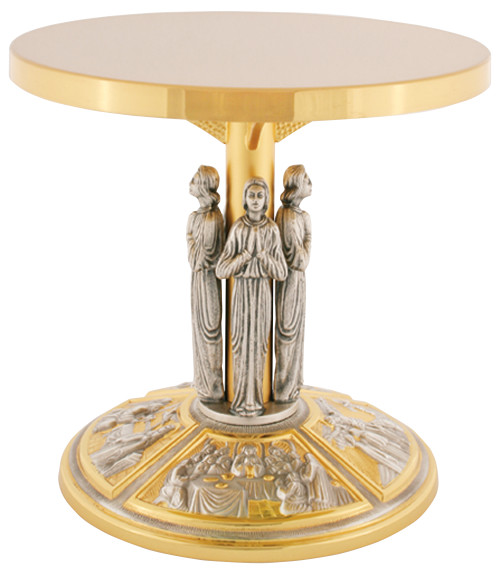 24K Gold plated with four adoring apostles on node and four biblical reliefs on base oxidized silver. Dimensions: 9 1/2"Ht; 9 1/2" Diameter table