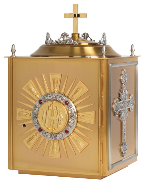 24k gold plate, bright gold inside with silver plated accents on side and top. Outside dimensions: 18"H. x 11-1/4"W. x 11-1/2"D. Door Opening 11"H. x 8-3/4"W. All-purpose luna included