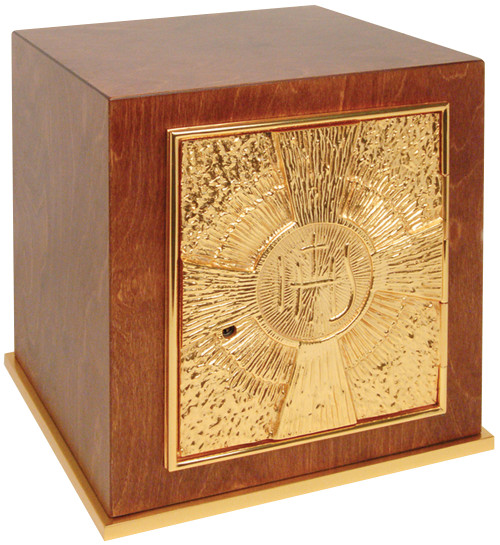 Wood Tabernacle with 24k gold plate door, base frame, and interior. Bright gold plated inside. Dimensions: 11"H. x 10"W. x 10"D. Door opening: 7"H. x 6-1/2"W. Wt. 19 lbs.