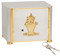 Satin silver plated tabernacle with bright 24k gold detailing and basket design on front. Bright 24k gold finish on the interior, with vault lock. 6-1/2"H. x 8"W. x 7"D.