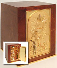 Wood Tabernacle with 24k gold plate door, base frame, and interior. Bright gold plated inside. 17"H. x 11-7/8"W. x 11-7/8"D. Door opening: 13"H. x 6-1/2"W. Wt. 35 lbs.