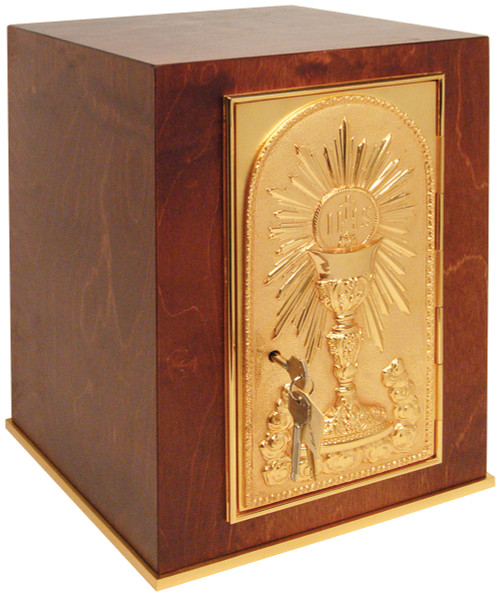 Wood Tabernacle with 24k gold plate door, base frame, and interior. Bright 24k gold plated inside. 17"H. x 11-7/8"W. x 11-7/8"D. Door opening: 13"H. x 6-1/2"W. Wt. 35 lbs.