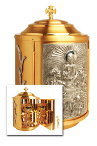 Tabernacle in 24k gold plate, silver plated accents. Bright gold plated inside. Dimensions: 19-1/2"H. x 11-3/4" dia. Door opening: 11-1/2"H. x 8"W. Weight. 37 lbs.