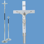 Stainless steel with 10" x 16" aluminum cross. Ideal for funeral liturgy. Top section 44" with 12" black DELRIN (synthetic) insert on shaft.  72" height, 10-1/2" base.