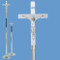 Stainless steel with 10" x 16" aluminum cross. Ideal for funeral liturgy. Top section 44" with 12" black DELRIN (synthetic) insert on shaft.  72" height, 10-1/2" base.