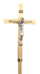 Satin Brass Processional Crucifix 730- Dimensions:  78"H., 12" base, 12" x 19" cross, with a 9-1/2" oxidized silver  corpus. 
