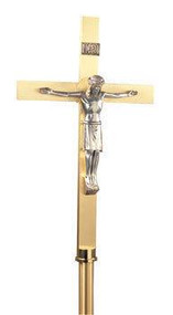 Satin Brass Processional Crucifix 730- Dimensions:  78"H., 12" base, 12" x 19" cross, with a 9-1/2" oxidized silver  corpus. 
