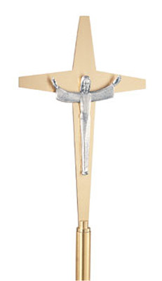 Risen Christ Lightweight Aluminum Cross. 10-1/2" x 17". 78"H., 12" base. In satin brass or satin bronze. 