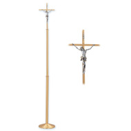 Processional Cross in satin bronze or satin brass. Dimensions: 78"H., 10-1/2" base, 10" x 16" cross. Breaks at node for carrying. Weight of top 4 lbs.