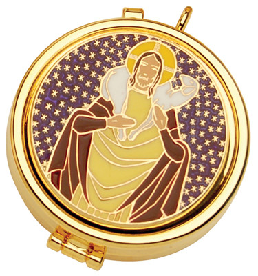 24K gold plate pyx. Enameled emblem on cover. Dimensions are 2" x 5/8".  Host Capacity-7 (Based on 1 1/8" host). Use with burse K3110 sold separately. 