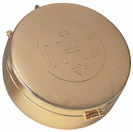 Hospital Pyx is 24k gold plated with a  hinged cover. Pyx measures 3-1⁄4˝D.  Pyx has a 75 host capacity based on 1-1/8" host. Use with burse K-3085, sold separately. 