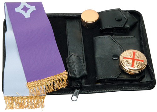 Genuine leather case 4-1⁄2˝ x 7˝, zipper closure. With 24k gold plated oil stock, pyx (10 host cap.) and stole.
