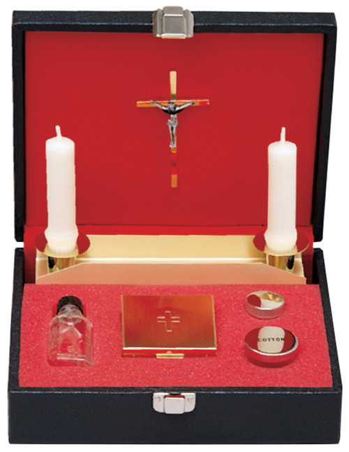 Removable tray with 7⁄8˝ candle holders. Detachable crucifix, glass bottle, stainless steel oil stock and cotton container. Pyx (20 host cap.); 8˝ x 10˝ x 2-3/4" case.