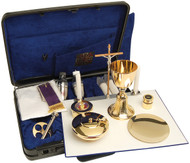 18˝ x 14˝ x 4-1⁄4˝ durable, secure case, 7-1⁄2˝H. chalice (8 oz. cap.), 4-1⁄2˝ dia. ciborium (100 host cap), 5-1⁄2˝ paten, 3˝ dia. host box (60 host cap.), 4 oz. cruets, 4-3⁄4˝ sprinkler, 8-3⁄4˝H. crucifix, oil stock (INF), stole, two candles, 15-1⁄2˝ x 11-1⁄2˝ altar cloth, hand & finger cloths. Total wt. 11 lbs.  The designs of some items may vary in this kit.