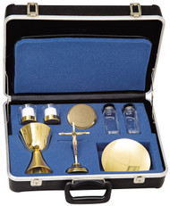 Mass Kit K265 ~ 18" x 12" x 5" sturdy molded case. 6"H. chalice (10 oz. cap.),. 5-1/2" dia. paten, host box (3-1/2" dia., 75 host cap.), two 4 oz. glass bottles. Two 10-hour glasses with candles. Compartments for vestments and missal. Gold plated. Comes with or without paten, please select option when ordering. 