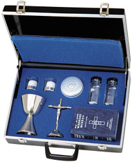 18" x 12" x 5" molded case with keys. Compartment for vestments, 6"H. stainless steel chalice (10 oz. cap.), 6"H. crucifix, two 10-hour glasses with candles and stainless steel holder, aluminum host box (3" dia., 100 host cap.), two 4 oz. glass bottles. Missal not included. Comes with or without stainless steel paten. Please select when ordering. 