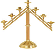 Brass and Oak Appointments. 7-light candlestick is highly polished and clear lacquered.  Dimensions: 18" height, 7" base. Adjustable arms, 7/8" sockets. Furnished in light or dark oak.