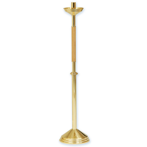 Brass and Oak Appointments. Processional Paschal Candlestick is highly polished and clear lacquered. Dimensions: 46" height, 10-1/2" base, 1-15/16" socket. Top section removable. Furnished in light or dark oak wood
