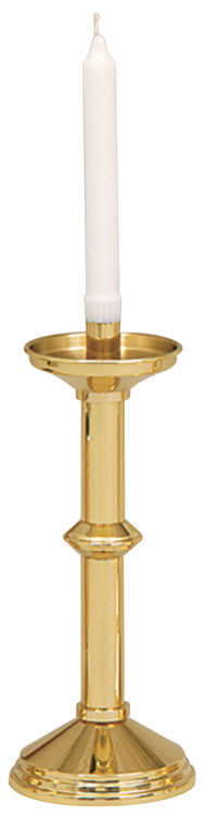 Candlestick is  solid brass and highly polished with clear lacquer. 12" height, 5" base, 7/8" socket. Candles not included

 