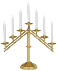 Highly polished and clear lacquered. Candelabra has adjustable arms, 7/8" sockets. 7-light with 7" base. 5-light with 6" base, or 3-light with 5'' base.  18" Height. Candles not included.