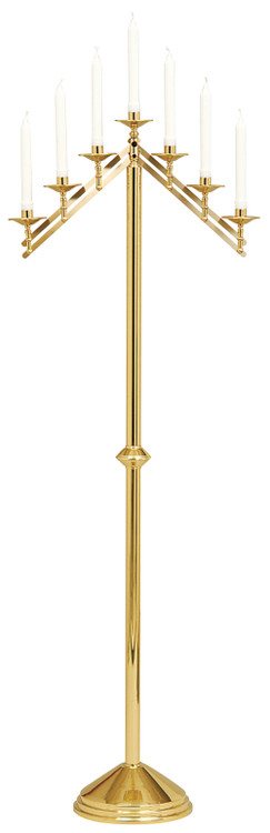 Floor Candelabra is highly polished and clear lacquered.  Available in 3, 5 or 7 candle holders. Dimensions: 60" height, 10-1/2" base, 7/8" socket, adjustable arms. Candles not included.