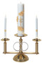 Solid brass, 10-3⁄4˝H. x 18˝W., 7˝ base, 7⁄8˝ sockets. Center adapts to any candle. Side candles removable for lighting. Silver plated rings. Candles not included.