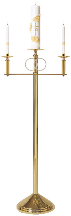 Solid brass. 50˝H. x 22˝W. 12˝ weighted base. Center adapts to any candle. Silver plated rings, 7⁄8˝ sockets. Side candles removable for lighting. Candles not included.