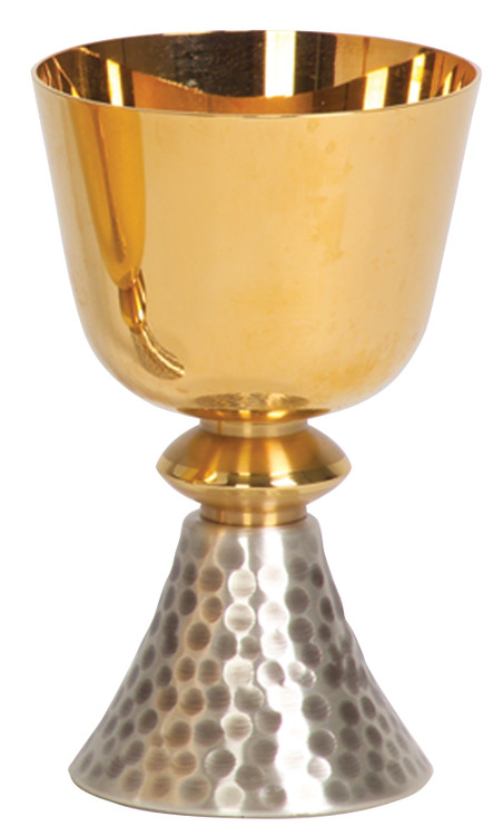 Gold plated, two tone bright and satin finish cup and node. Silver plated hammered finish on base. 3" base, 5 3/4" height, 3 1/2" diameter cup, 10 ounce capacity. Complements Ciborium 357