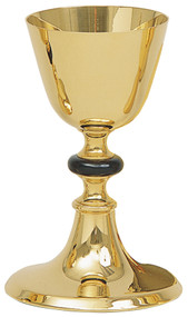 Gold plated Chalice with 5 1/2" Scale paten. 4 3/4" base, 7" height, 3 3/4" diameter cup, 10 ounce capacity. Sterling Cup also available. Complements Ciborium 116