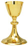 Gold plated Chalice with 5 1/2" Scale paten. 5 1/4" base, 8" height, 3 3/4" diameter cup, 10 ounce capacity. Complements Ciborium K2441
