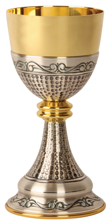 Gold plated Chalice with oxidized silver
4" base, 8" height, 4" diameter cup, 12 ounce capacity
Complements Ciborium 914