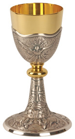 Gold plated and oxidized silver Chalice with Holy Spirit design. 4 3/4" base, 8 1/4" height, 3 1/2" diameter cup, 9 ounce capacity. Complements Ciborium K916