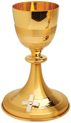 Gold plated Chalice with silver plated cross
5 1/2" base, 8" height, 3 1/2" diameter cup, 8 ounce capacity
Complements Ciborium K718