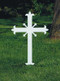 Fleur-de-Lis Cross,  Without Plaque. Memorial Crosses: Steel cross, 20"H in ground; 31"H overall; 13"W, 3/16" thick. Durable protective white powdercoat finish. Mounted Plaques: Engraved plaques for above cross. 1" x 3". All bright brass with  "With "In Memory of" and the deceased persons name engraved Flat Fee  $15.00. All Bright Brass Blank Plaques $9.50. Engraving Plaques - See Item KOL-ENG1