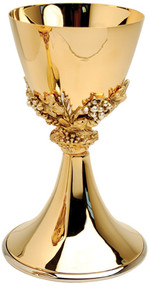 Gold plated with decorative wheat and grapes on node and cup
4 3/4" base, 7 3/4" height, 4" diameter cup, 10 ounce capacity
Complements Ciborium K722