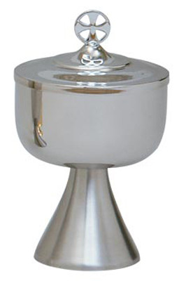 Stainless Steel, outside of cup and lid highly polished with satin finish base. 7 1/2" height, 4-1/2" diameter cup, 400 host capacity (Based on 1 1/8" Host). Complements Chalice 564

 