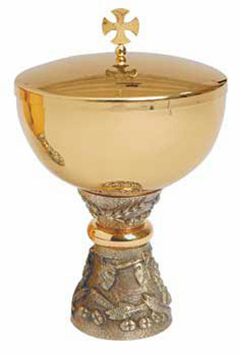 Gold plated with cast base, antique gold finish. 9" height, 5-1/2" diameter cup, 2 1/2" base. 500 host capacity (Based on 1 1/8" Host). Complements Chalice 2386-G

 